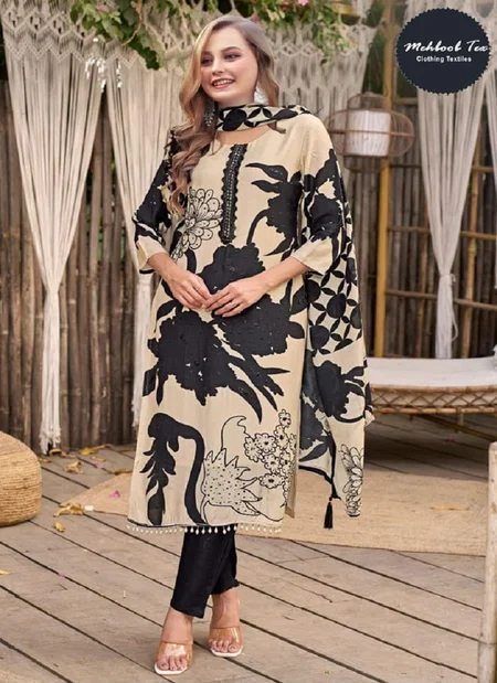 Cream Black Mehboob Tex 1717 Viscose Maslin Online Pakistani Salwar Suit Wholesale